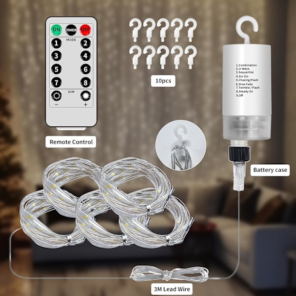 Uppgraderade 300LED gardinlampor batteridrivna utomhus vattentäta, 10ftx10ft Twinkle hängande vattenfallslampor med fjärrkontroll, 8 lägen vitt