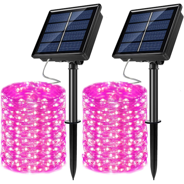 2 Pakke Solcelledrevne Eventyrlysstrenger Utendørs Vanntett 8 Moduser Blinkende Juledekorasjonslys, Hver 33ft-100LED, 40ft-120LED, Rosa