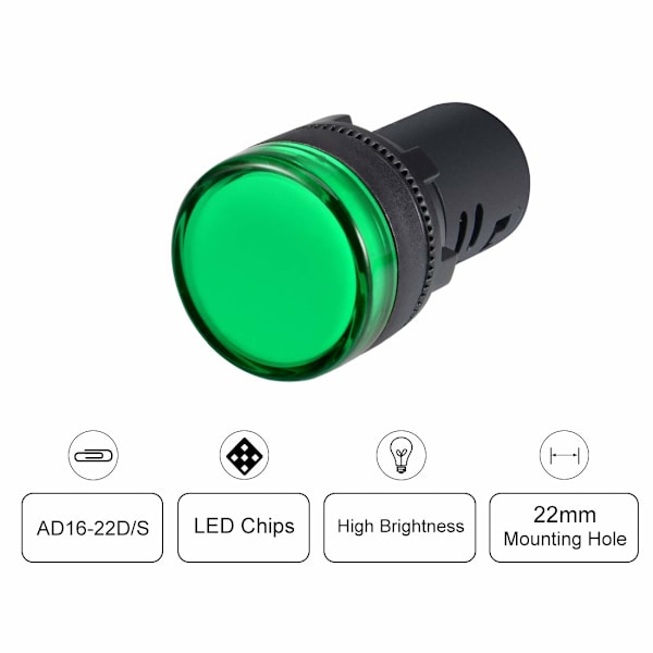 10 stk grøn indikatorlampe AC/Dc 12V, 22Mm panelfastgørelse