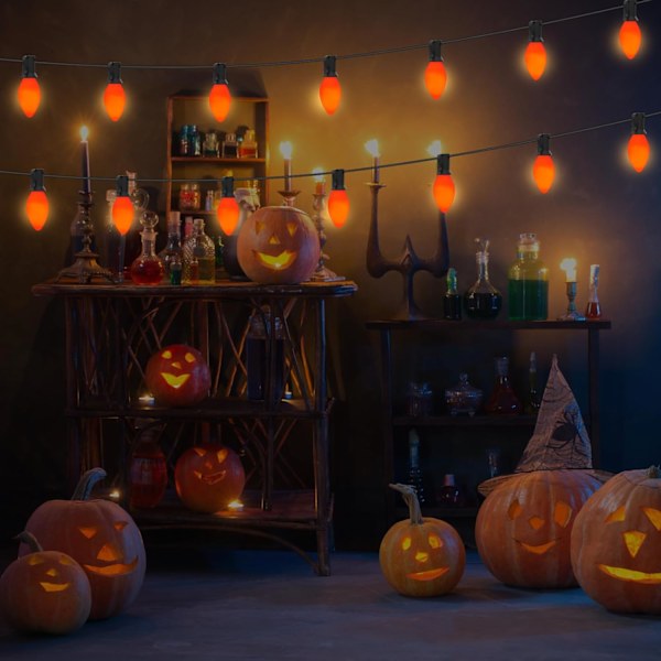 Ljusslinga utomhus, C7 LED-ljusslinga utomhus med 25 C7 LED-keramiska orange glödlampor, plug in C7 Halloween-ljus-svart svart svart