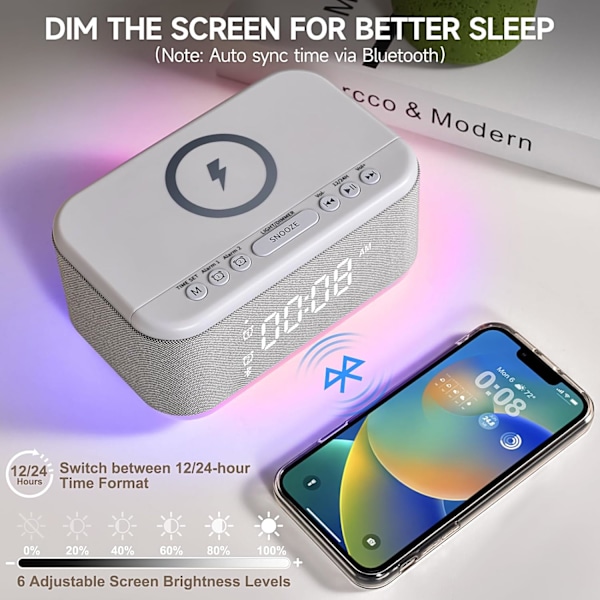 Väckarklocka Högtalare Trådlös Laddare, Digital Sovrum Bluetooth, Väckarklocka Dimbart Ljus Sovrum Dubbel Alarm Snooze Dimmer 12 24H RGB Natt