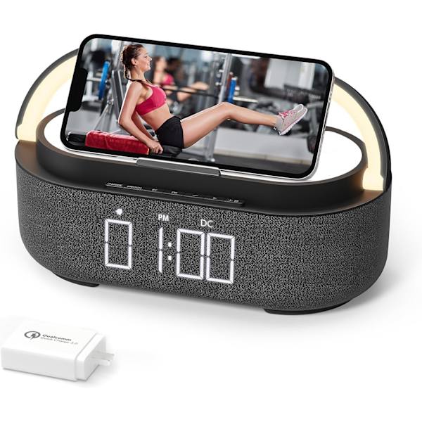 【2024 Nyaste】Väckarklockradio med Bluetooth-högtalare, stereoljud dubbla trådlösa högtalare med trådlös laddare, 2500mAh Baery dimbar klocka
