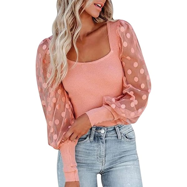 Women's Puff Long Sleeve Tops Mesh Polka Dots Square Neck Blouse Tops Elegant