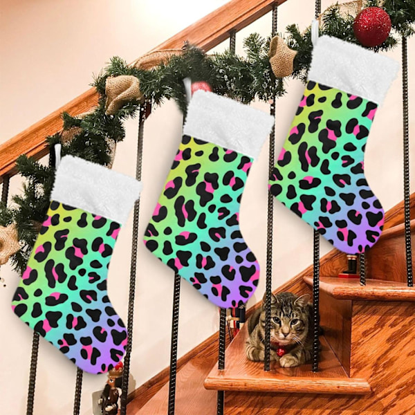 Julklapp, personliga julklappsstrumpor 2-pack Regnbåge Leopard Djur 45,7 cm Julstrumpor Hängande Ornament Eldstad för Träddekoration