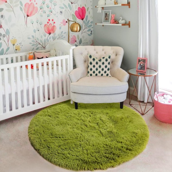 Grønn rund teppe for soverom, fluffy sirkulær teppe 4'X4' for barnerom, lodne teppe for tenåringsrom, shaggy sirkulær teppe for barnerom, fuzzy plysj