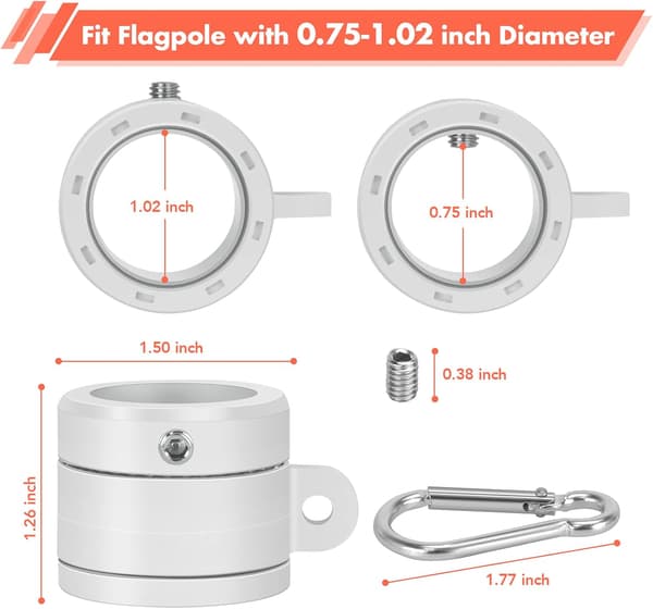 2-pack flaggstångsringar, 360° roterande anti-trassel flaggfästring, snurrande flaggstångssats med karbinhake för 0,75-1,02 tums diameter