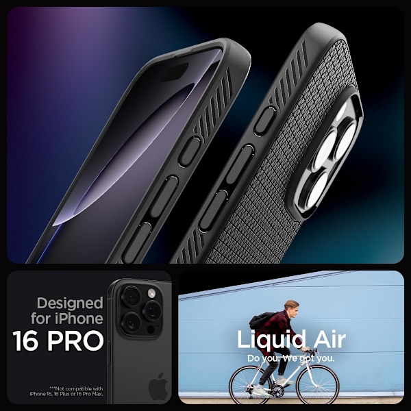 Liquid Air Skal Designat för iPhone 16 Pro [INTE Kompatibelt med MagSafe], [Militärklassat Skydd] - Matt Svart Matt Svart iPhone 16 Pro