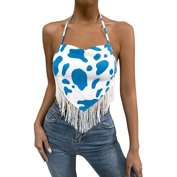 Kvinners kutrykk ermeløs halter crop topp frynser trim tie ryggløs bandana