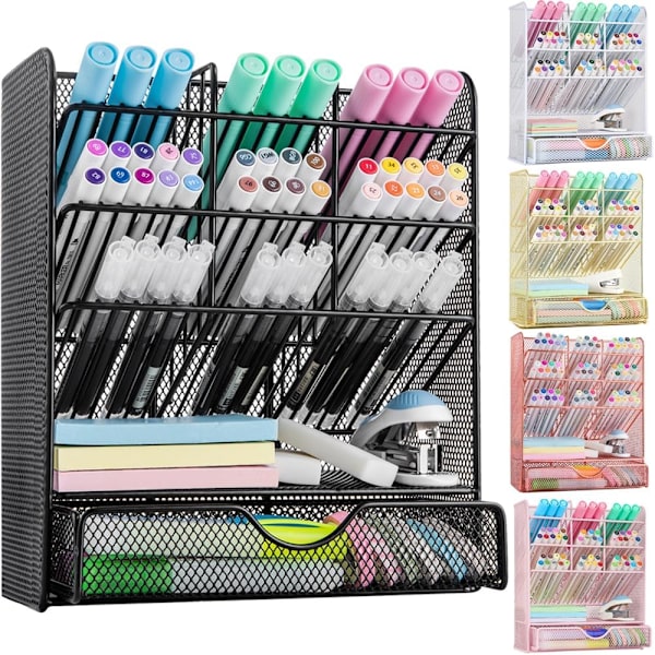 Metl n Orgnizer, ncil Holder for Desk, Desk Orgnizer wi Drwer for hool, Home, rt Supplies (Blck) Blck Black