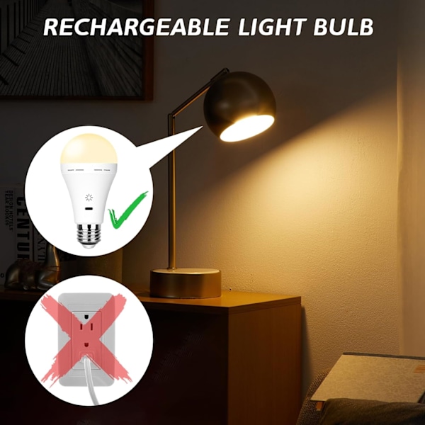 Oppladbare LED-pærer - 7W E27 med fjernkontroll og berøringsdimming | Nødlys for camping (Varmhvit) 2-pakning
