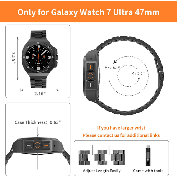 Luksuriøst etui med rem designet for Galaxy Watch 7 Ultra 47mm 2024, robust militærbeskyttende metallstøtfangeretui med taktisk rustfritt stål