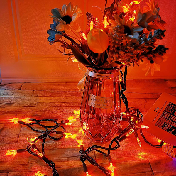 Juleoransje lyslenke T5 50 LED Halloween-lys, 120V UL, plugg inn T5 julelyssett 17ft grønn ledning koblingsbar for utendørs og innendørs