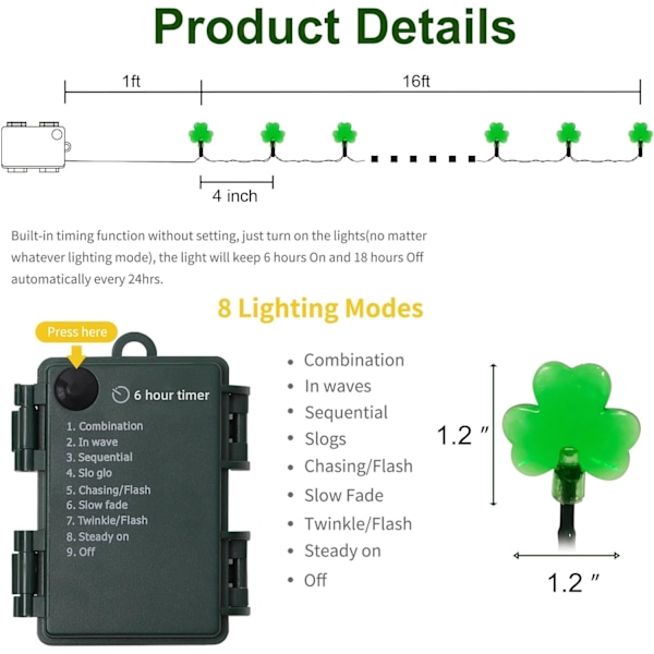 St. Patricks Day Lyskæde Udendørs, 50 LED 16 FT Shamrocks Dekorative Grønne Bladlys Batteridrevet, 8 Lystilstande & Timer, Grøn