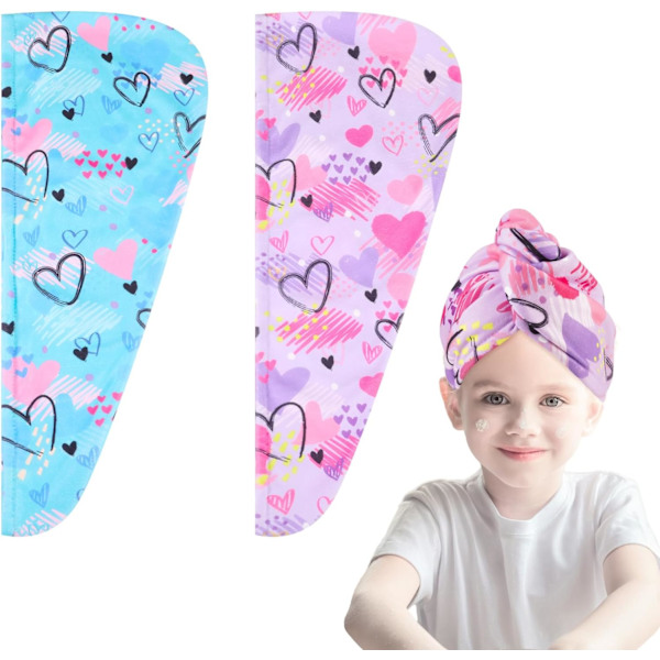 2-pack mikrofiberhårhandduksförpackning med knappar (hjärta)
