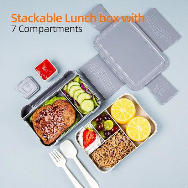 Stapelbar Bento Lunch Box för barn och vuxna - Läcksäkra behållare med bestick (grå)