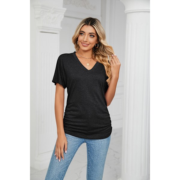V-hals Solid Løs T-Shirt Dametop