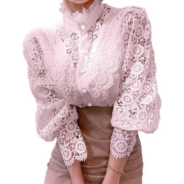 Elegant bluser med blonder for kvinner - Avslappet viktoriansk bluse med lange ermer og knapper