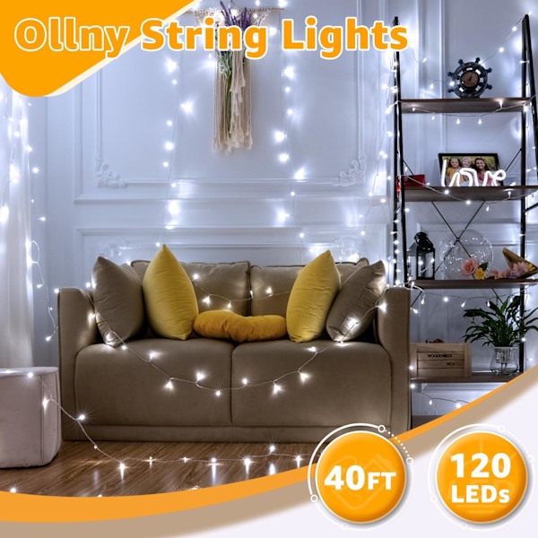 Strenglys 120LED 40FT, Kald Hvit Fe Lys Vanntett Koblebar Timer, 8 Moduser Plug in Julelys for Soverom Utendørs Fest Kjølig