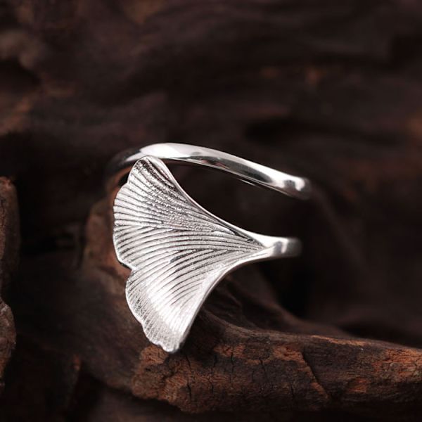 925 Silver Handgjord Ginkgo Blad Öppningsring
