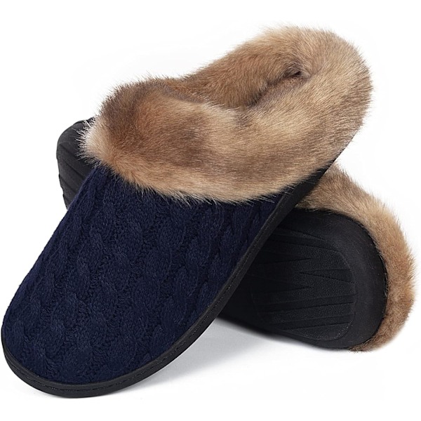 Women's Memory Foam Slippers Cozy Cable Knitted and Faux Fur Collar House Shoes