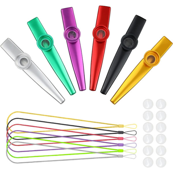 6 stk. - Metal Kazoos med fløjtemembraner og snore