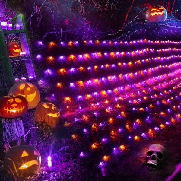 5ft x 5ft Halloween Net Lights Utendørs Nettlys, 8 Moduser Timer Koblingsbar Vanntette Oransje Lilla Busklys Nettinglys for Oransje