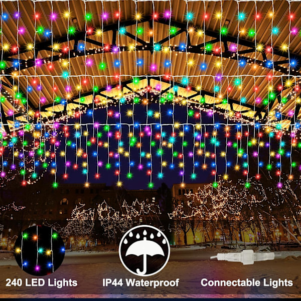Färgväxlande istappsljus med 44 knappars fjärrkontroll, jul LED istappsljus utomhus, 240 LED 23 FT RGB vattentäta hängande ljusslingor för RGB