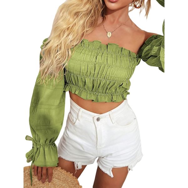 Kvinde Off Shoulder Puffy Sleeve Korset T-shirts Blomstermønstret Mønster Lang