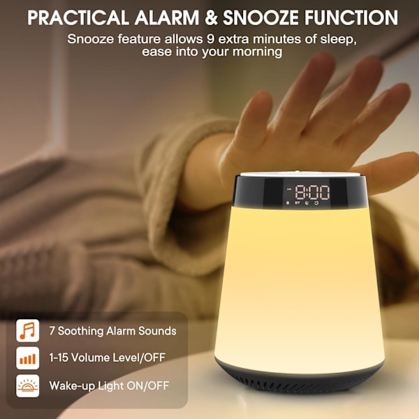 Soluppgångslarm Klocka Vakna Ljus, Bluetooth-högtalare med lampor, Flerfärgad dimbar sänglampa för sovrum, Snooze, Sömnstöd, Ljudmaskin