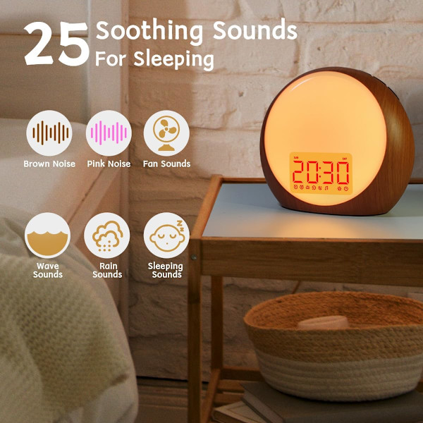 Väckarklocka med soluppgångsljus, vit brusmaskin med soluppgångs- och solnedgångssimulering för tunga sovare, barns sovrum, dubbla alarm, snooze-ljud