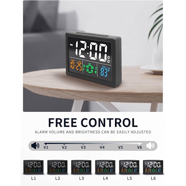 Digital väckarklocka, med 5,5\" stor LED-tidsdisplay, justerbar larmvolym, 6 nivåer ljusstyrka, larminställningar, USB-laddare, temperatur 5,5\"