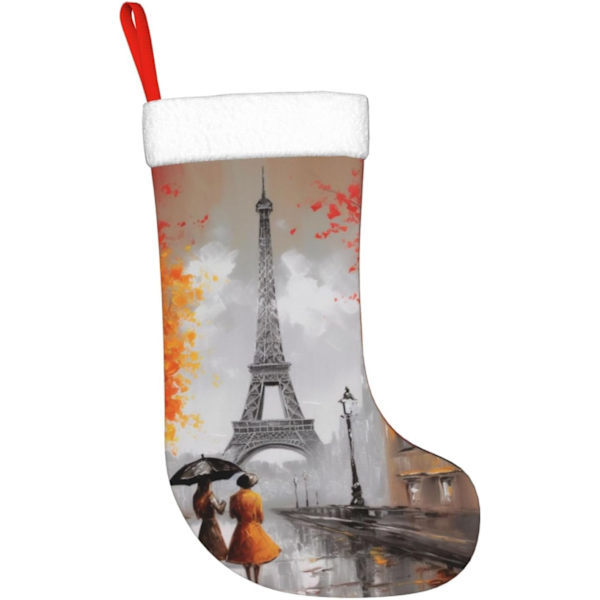 Eiffeltornet Paris Måleri Tryck Julstrumpa Julpynt Kaminhängande Julstrumpor för Familj Semester Julparty Dekorationer 45 cm