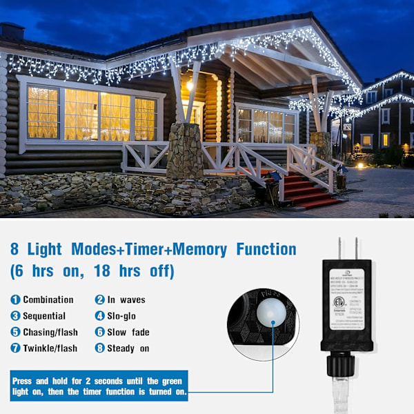 32,8 fot 400 LED istapplyssnor, 8 lägen vattentäta istappljusslingor utomhus med minnesfunktion, gardinljusslingor hängande dekoration