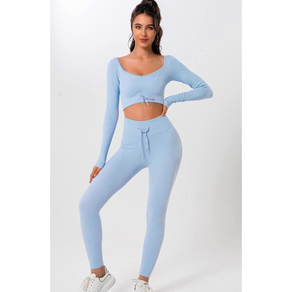 Kvinnors 2-delade träningsset sömlösa ribbade leggings med hög midja och lång