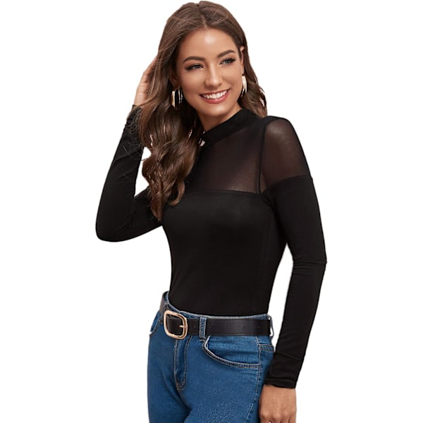 Kvinnors Mock Neck Sheer Mesh Toppar Långärmad Solid Tee Blus