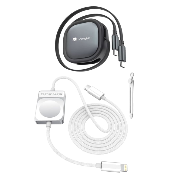 Indragbar USB C-kabel, Mini 60W USB C till USB-C PD Snabbladdning + Apple Watch-laddare, 2 i 1 USB C till Ligh-tning Reseladdningskabel