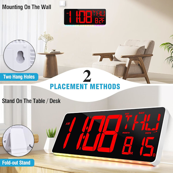 Stor digital väggklocka med fjärrkontroll, LED-väggklocka med 9-färgad nattlampa, digital väggklocka med stor display, dubbel alarm, digital röd