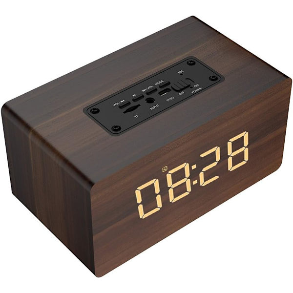 Trådlös Bluetooth-högtalare i trä, retro tung bas musikspelare stödjer FM-radio väckarklocka funktion för hemmakontor idé vänner (brunt korn)
