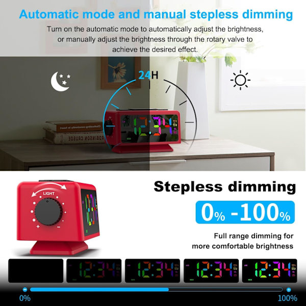 Digital väckarklocka med 11 dynamisk RGB-display, FM-radioväckarklocka med 2 USB-portar, sömnljudmaskiner med timer, 000 % dimmer, dubbla röda