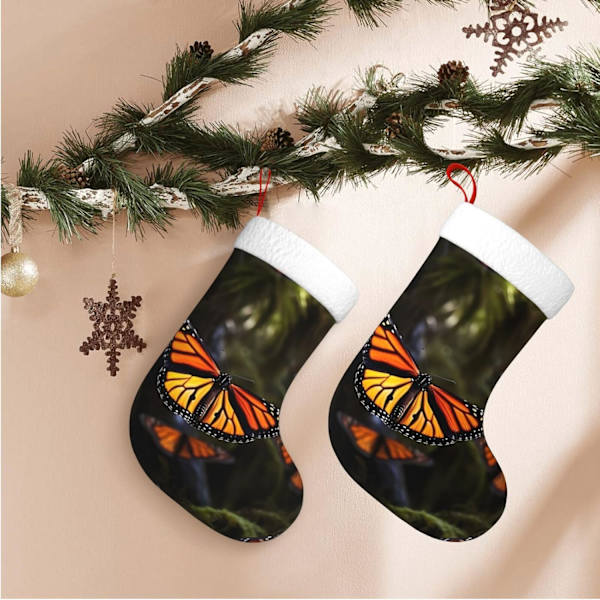 Monarkfjärils Julstrumpor Sammet Julstrumpor med Vit Super Mjuk Plysch Manschett Klassisk Jultomte Strumpa Hängande Ornament Dekoration