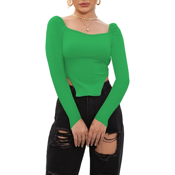 Kvindernes langærmede ribbede strikkede Crop Top Scoop Neck