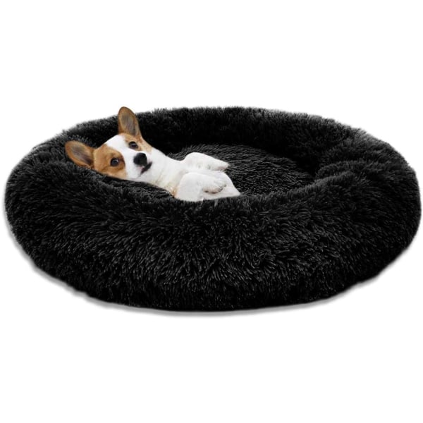 Varme Fluffy Ekstra Store Hunde Senge, Vaskbar Rund Rolig Pels Donut Cuddler Kæledyrsseng til Store Ekstra Store Hunde (L-80cm,Sort) Sort L-80cm Sort L-80cm