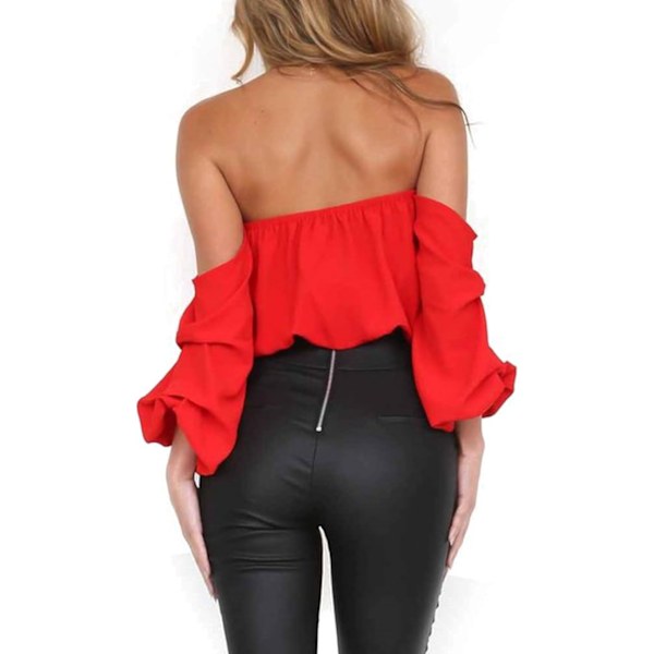 Kvinners Off Shoulder Chiffon Bluse Sexy Lang Ermet Skjorte Løs Stroppeløs Topper