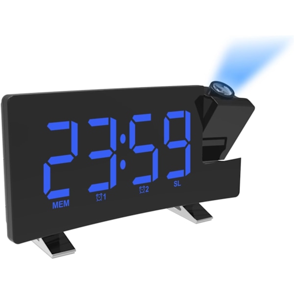 Projektion för sovrum med radio, 8” böjd skärm LED digital klocka stor display, USB-laddningsport, automatisk dimmer, snooze, dubbel väckarklocka