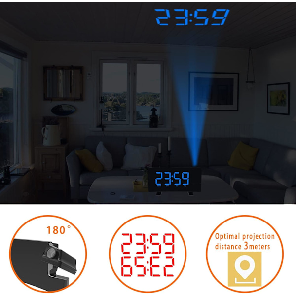 Projektion för sovrum med radio, 8” böjd skärm LED digital klocka stor display, USB-laddningsport, automatisk dimmer, snooze, dubbel väckarklocka