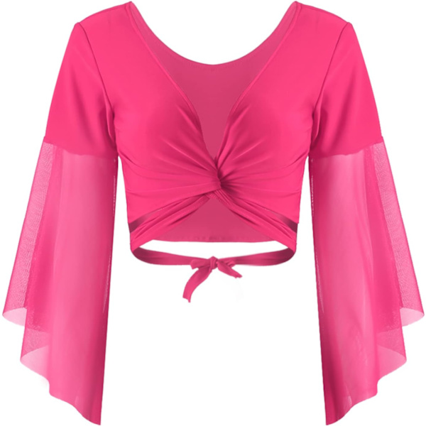 Kvinders mavedans kjole sæt mave tyl flæseærmet crop top med chiffon dans nederdel varm pink one size varm pink one size