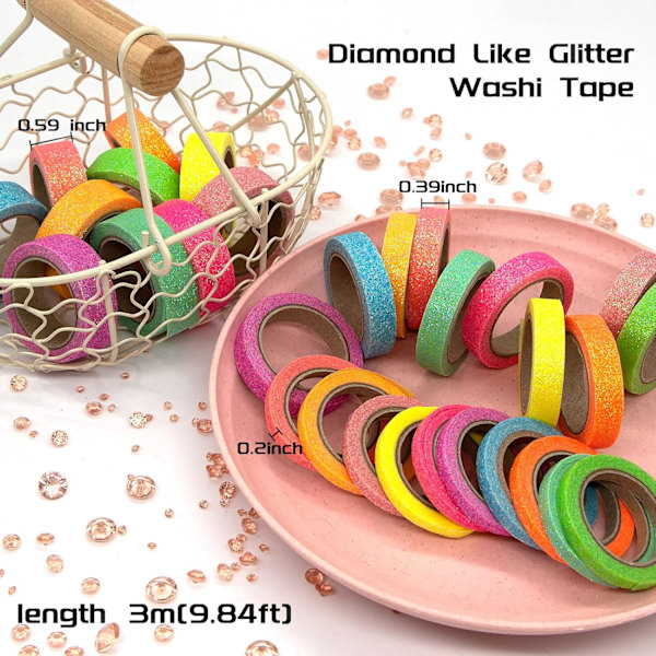 Glitter Washi Tape Set, 30 rullar 3 storlekar färgad maskeringstejp för