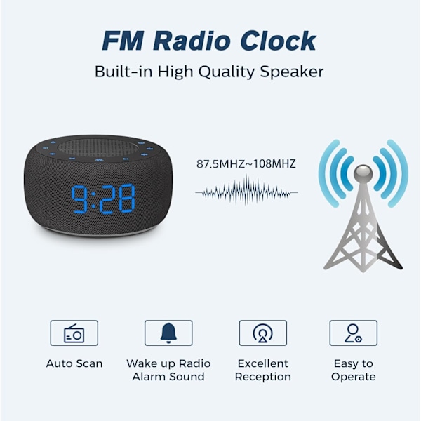 Bluetooth-högtalarväckarklocka med FM-radio - Högkvalitativt ljud, dimmer med full räckvidd, väckarklockradio för sovrummet Svart Svart