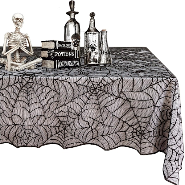 Halloween blonderduk, Spierweb-bordduk, svart blonderduk, skummel bordduk, rektangulære bordfester, gotisk skummel natt