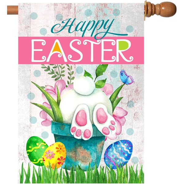 Happy Easter Flowers Bunny Rabbit Eggs Butterflies Spring House  28 x 40 Inch Double Sided Garden Yard Outdoor Banner Decor Multi 28\ Multi 28\